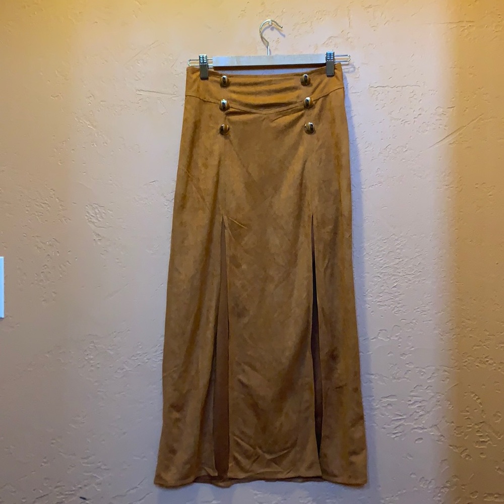 Camel faux suede midi skirt